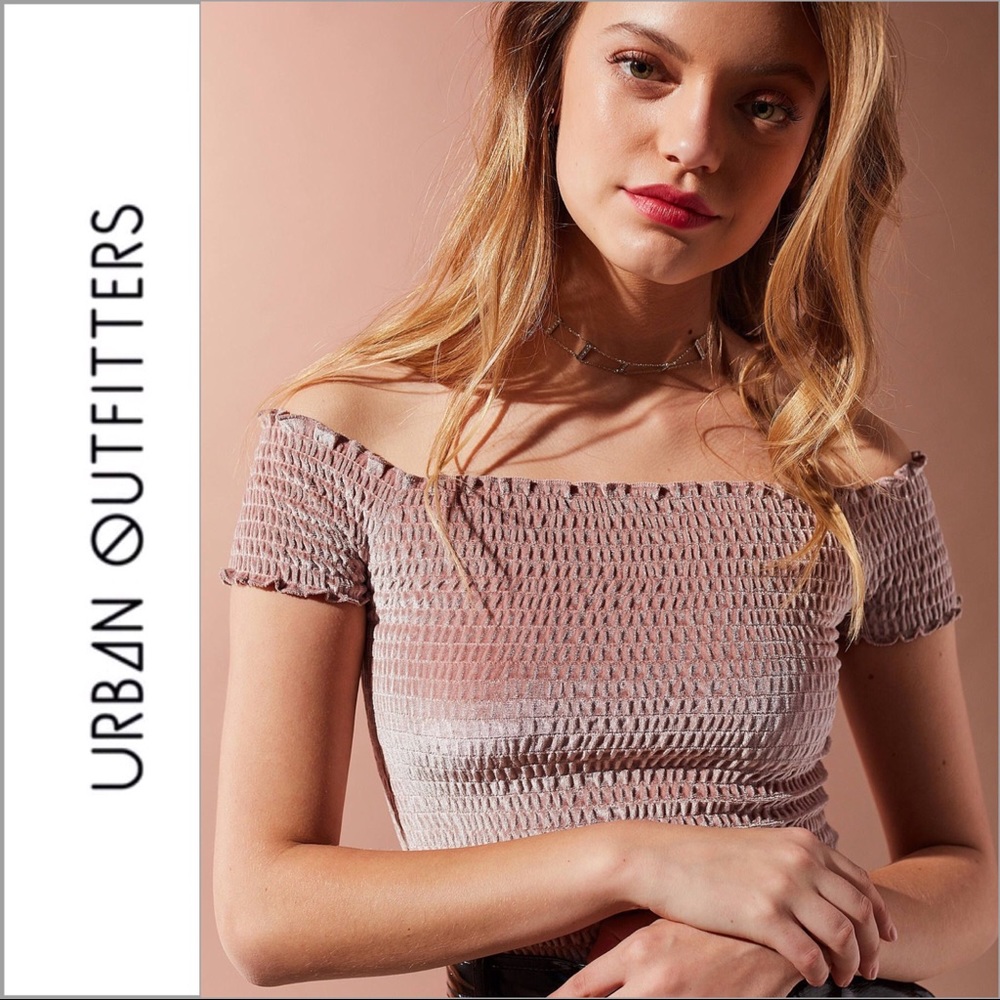 UO Off The Shoulder Blush Pink Smocked Velvet Top